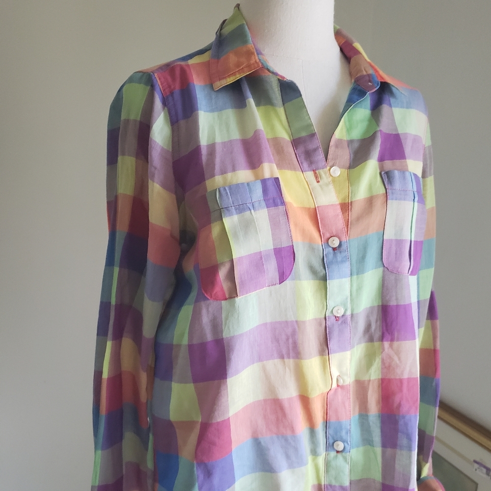 Vintage Rainbow Plaid Button Down Shirt Long Sleeve Colorful Checkered Top Small - Picture 2 of 7